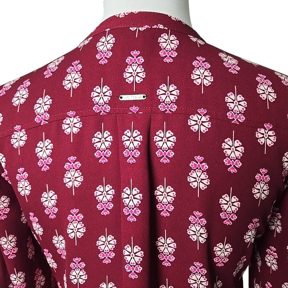 Nautica Burgundy Floral‎ Button Front High Neck Long Sleeve Blouse Top Small S - Picture 5 of 7